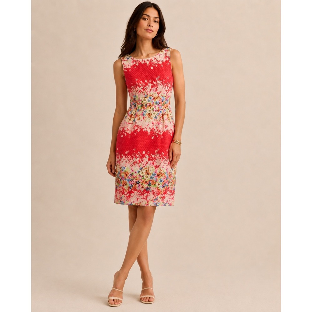 Tahari Arthur S. Levine Coral Pink Floral Jacquard Sheath Dress Size 16
